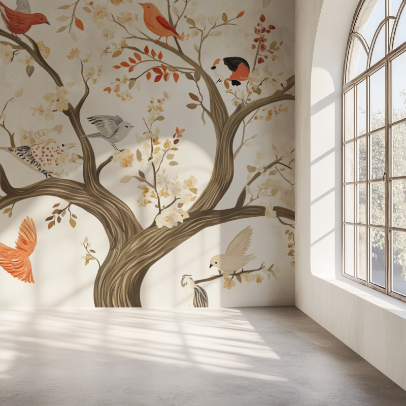 Papier peint arbre animaux mur simple