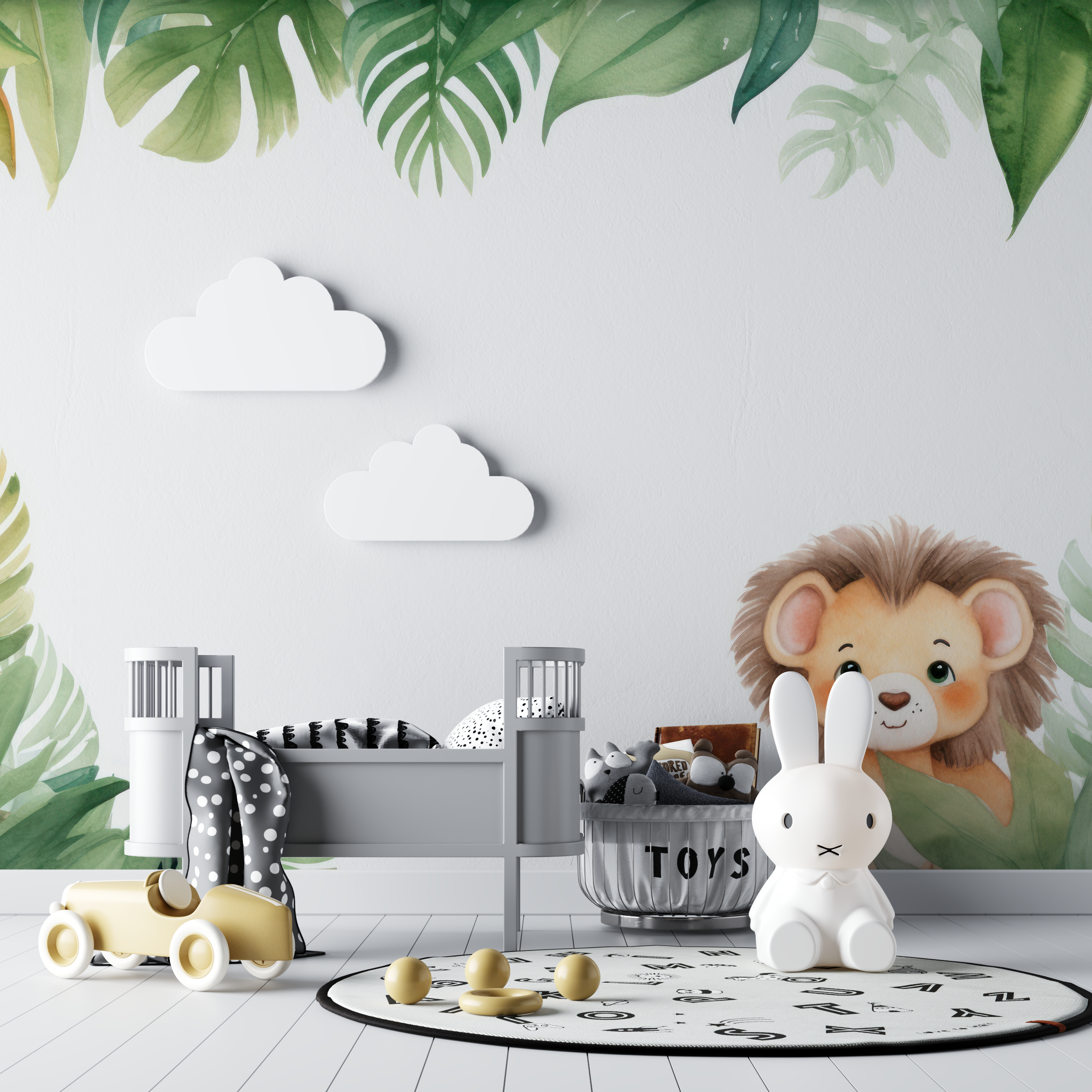 Papier peint lion et feuillage tropical bebe tipi