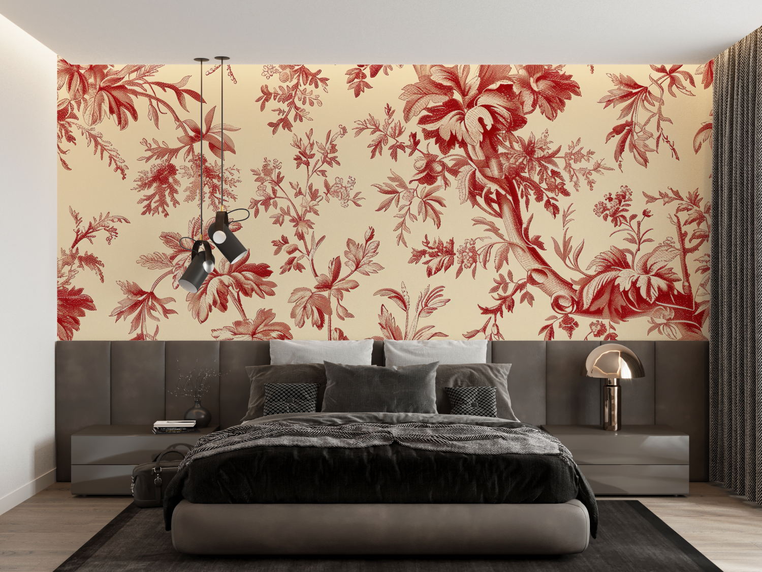Papier Peint Toile De Jouy Rouge - trompe l'oeil