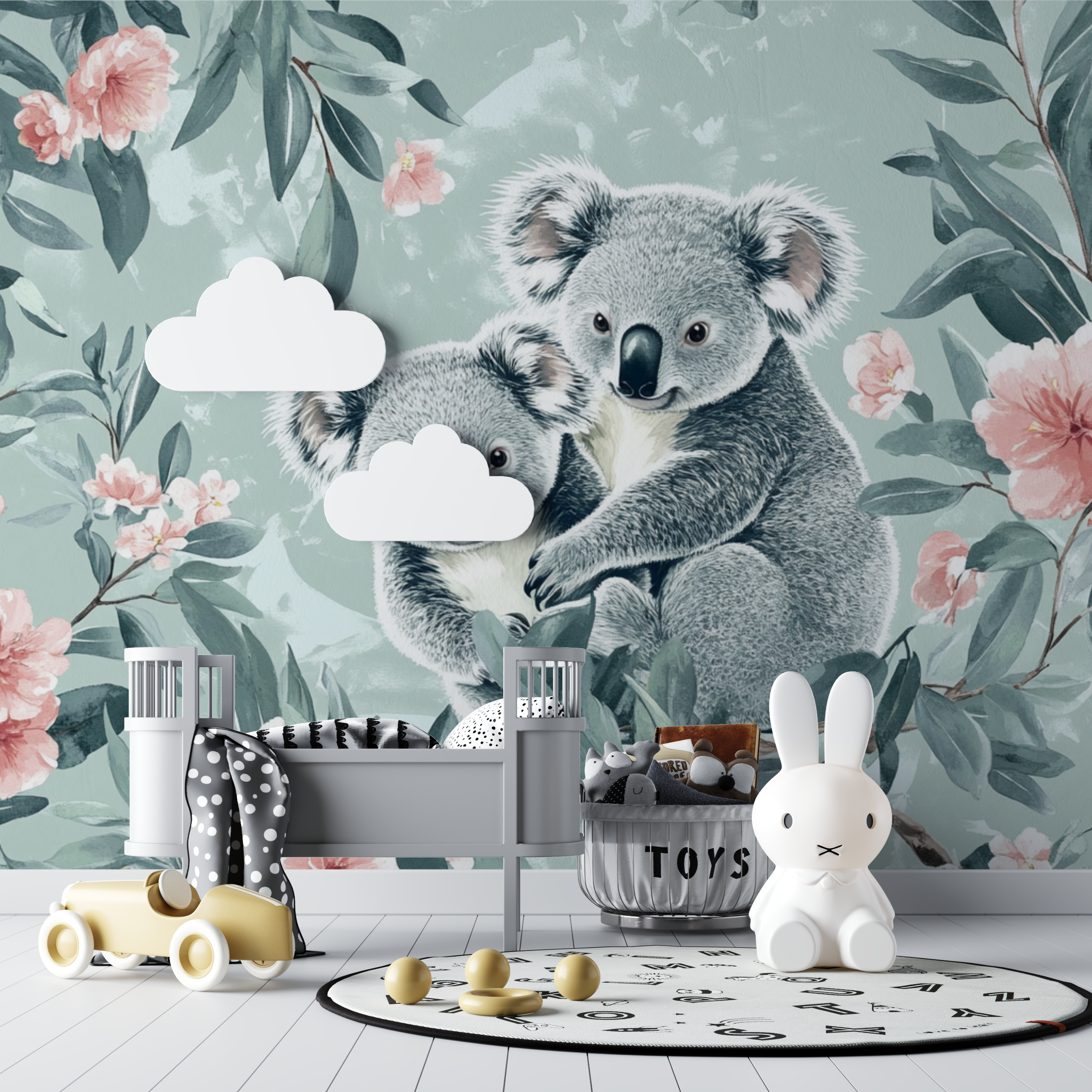 Papier peint koala et feuillage poudre bebe tipi