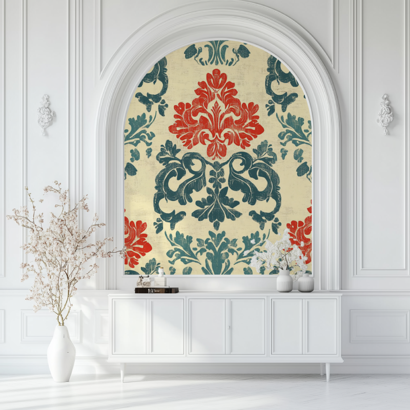 Papier peint vintage rouge et turquoise salon blanc