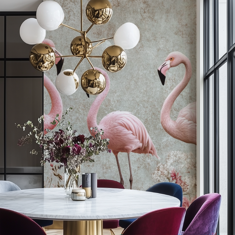 Papier peint vintage flamant rose salon chaise