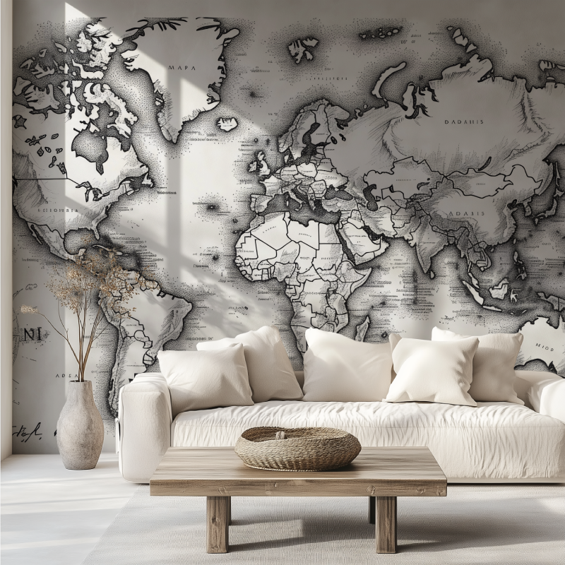 Papier peint carte du monde cal...r et blanc canape tendance