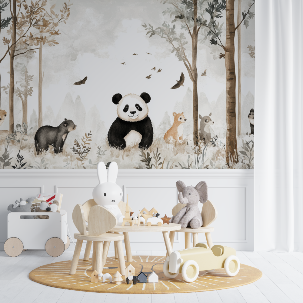 Papier peint panda et amis de la foret chambre de bebe