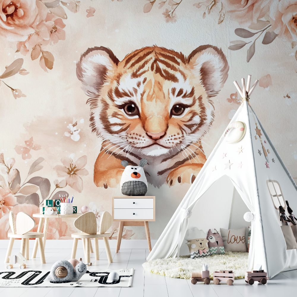 Papier peint tigre floral chambre bebe