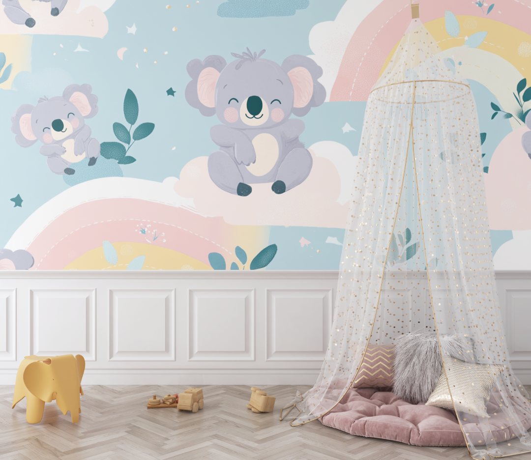 Papier peint koala assis sur un arc pastel bebe