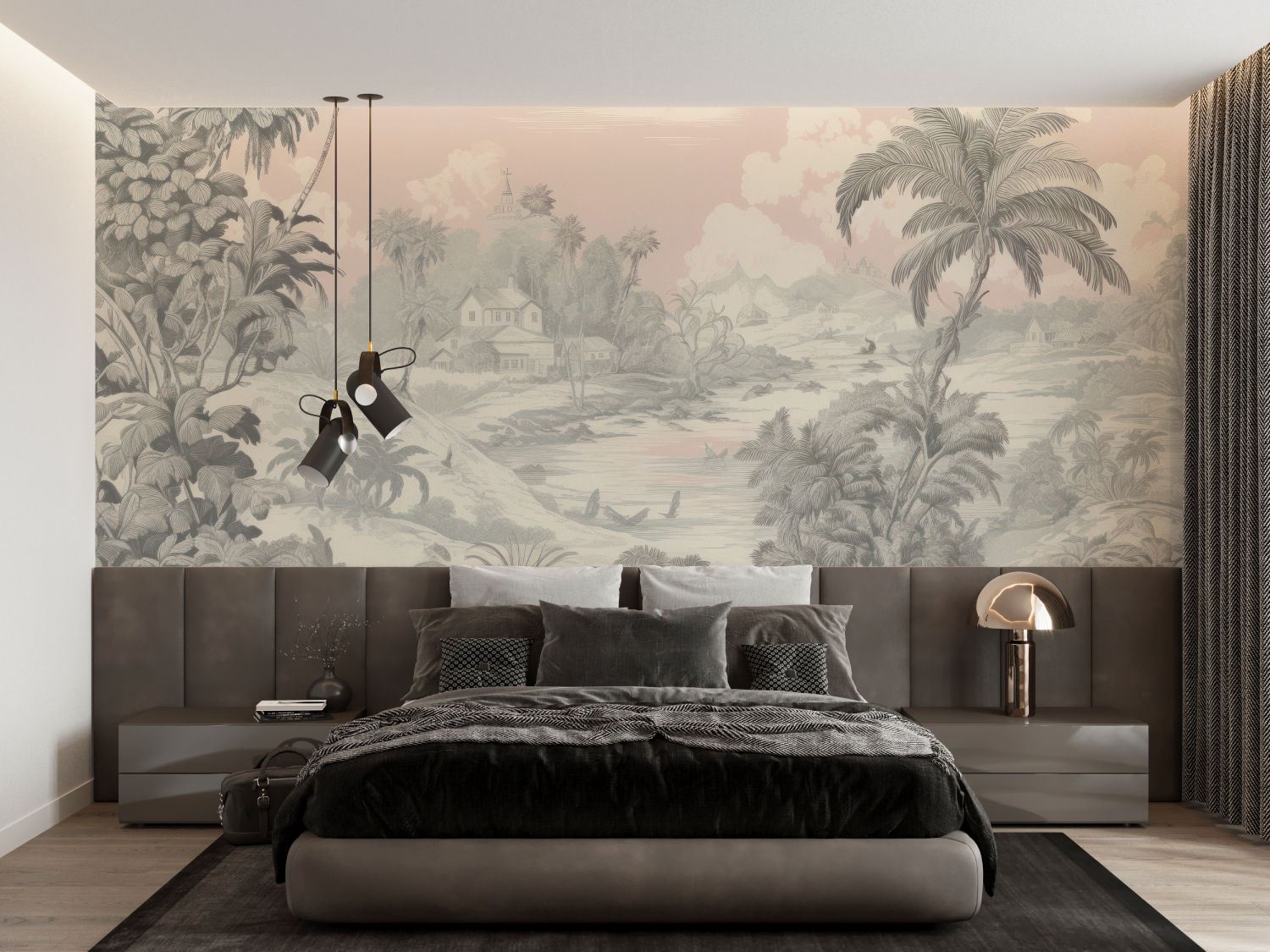 Papier Peint Toile De Jouy Rose Beige - trompe l'oeil