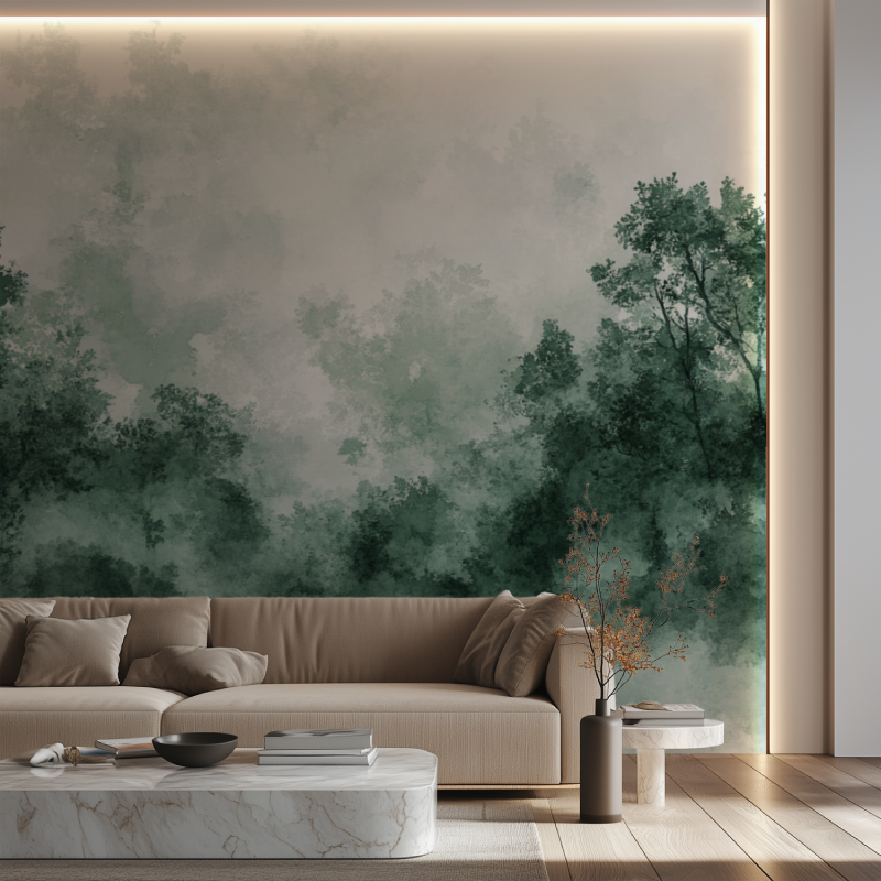 Papier peint arbre haut canape neon