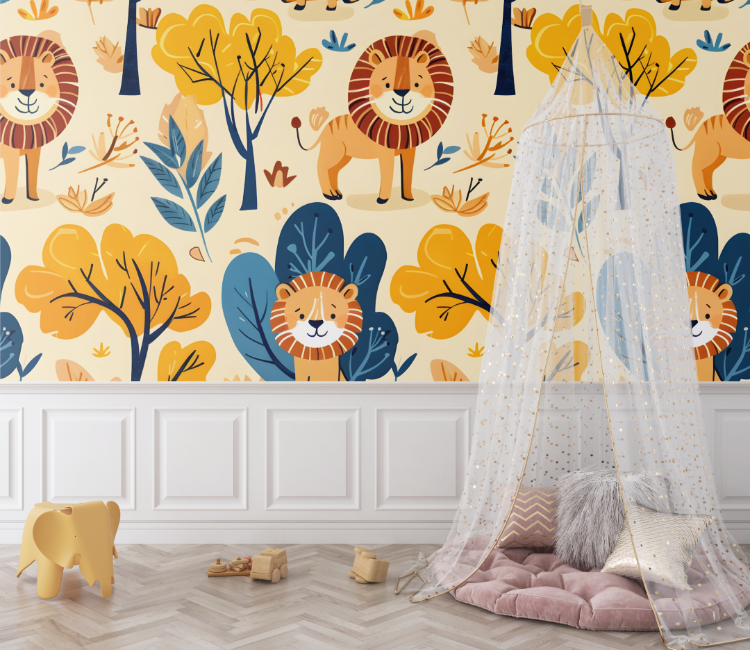 Papier peint lion motifs colore bebe