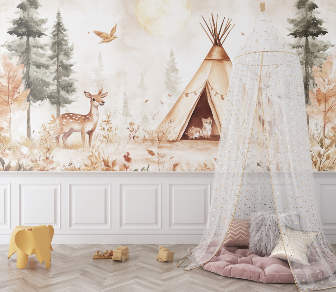 Papier peint foret et tipi bebe