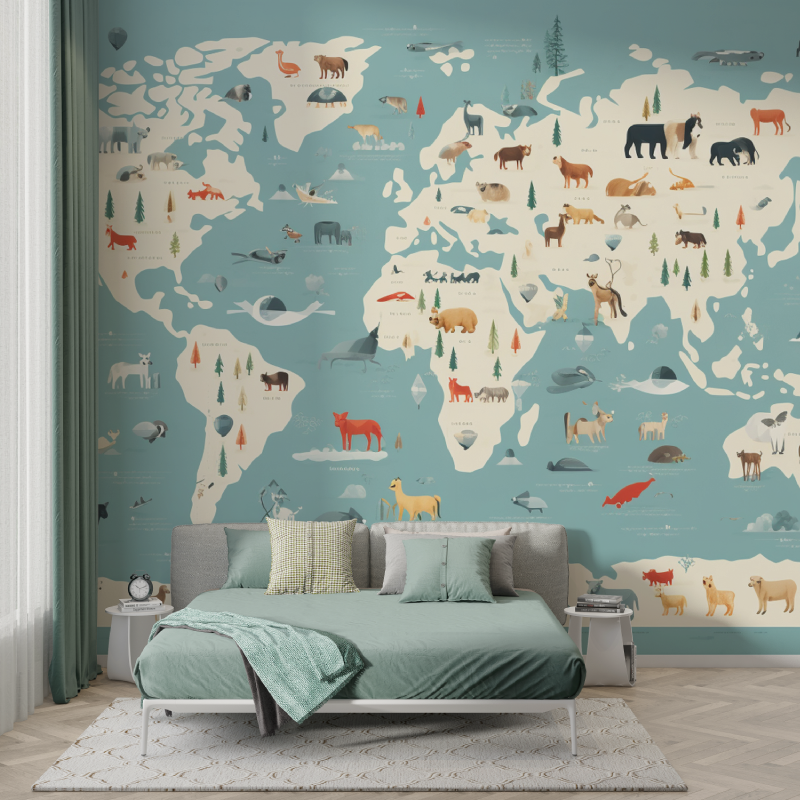Papier peint carte du monde animaux enfant murs