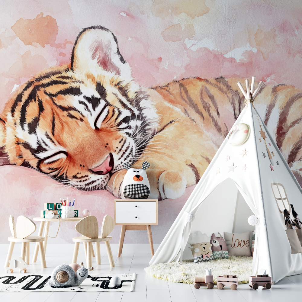 Papier peint tigre endormi chambre bebe