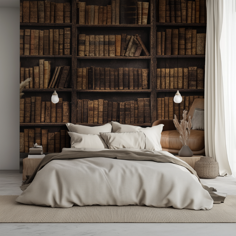 Papier peint bibliotheque en trompe loeil lit 1234