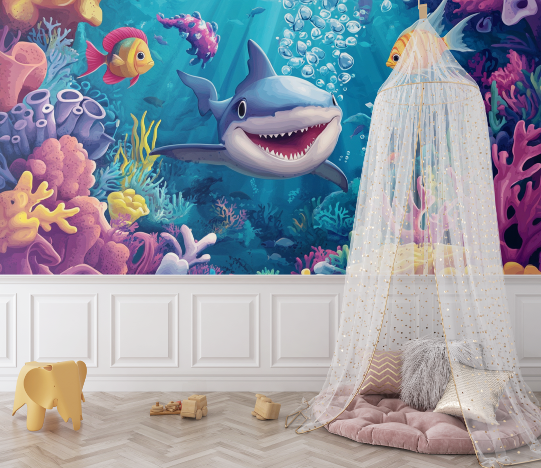 Papier peint marin poulpe rouge et requin bebe