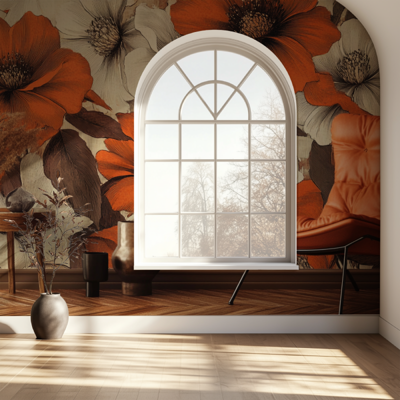 Papier peint vintage fleurs orange marron fenetre papier
