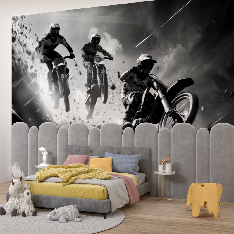 Papier peint moto cross noir et blanc garcon345