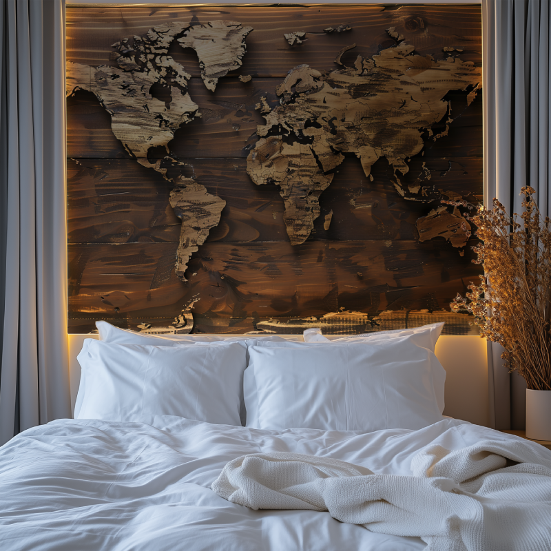 Papier peint carte du monde effet bois chambre premium