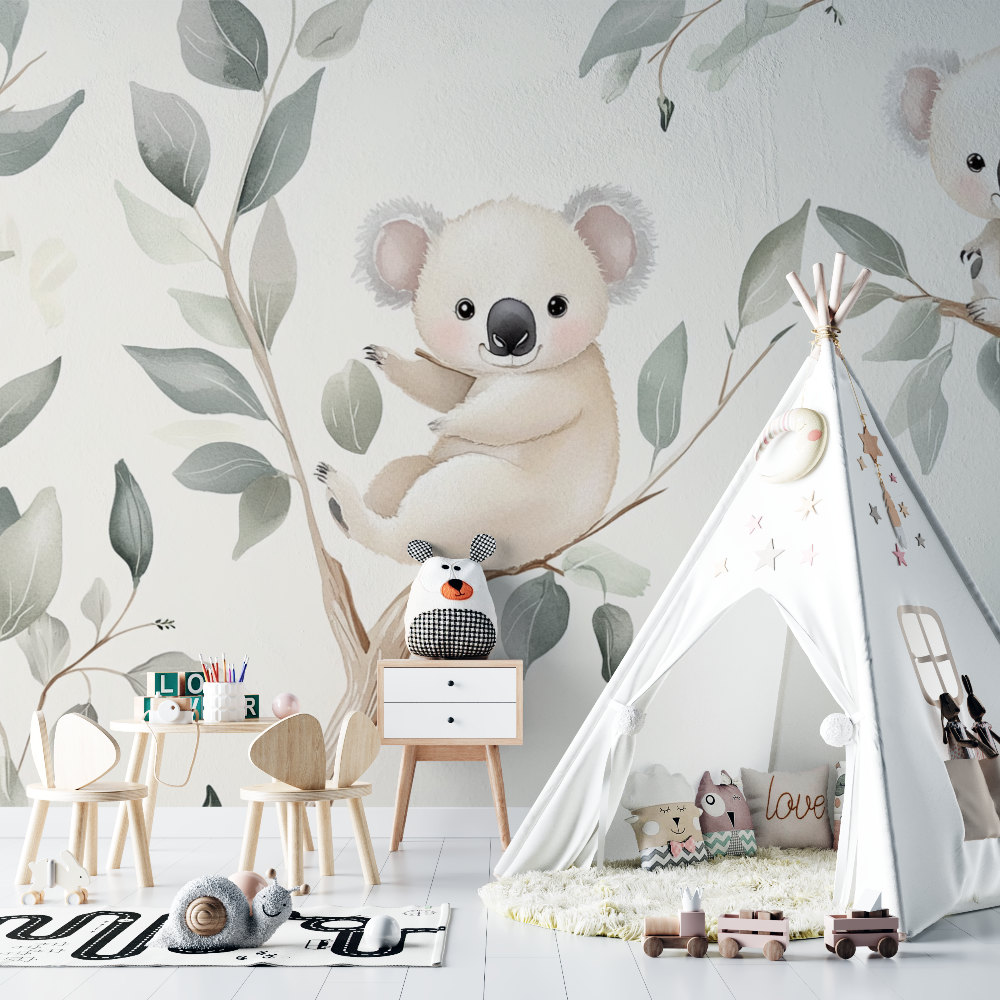 Papier peint koala sur fond creme chambre bebe