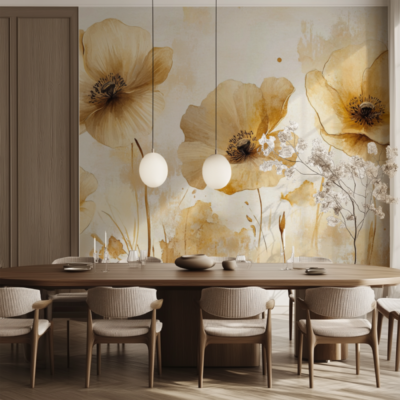 Papier peint fleur beige salle manger tendance
