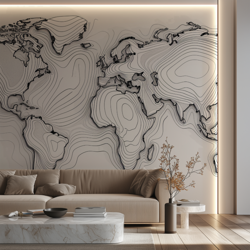 Papier peint carte du monde noire et blanc canape neon