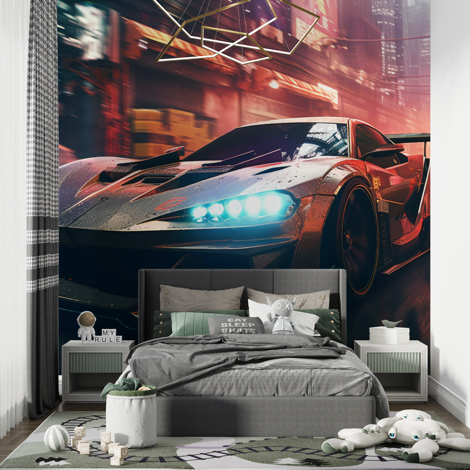 Papier peint voiture de course neon chambre de garcon