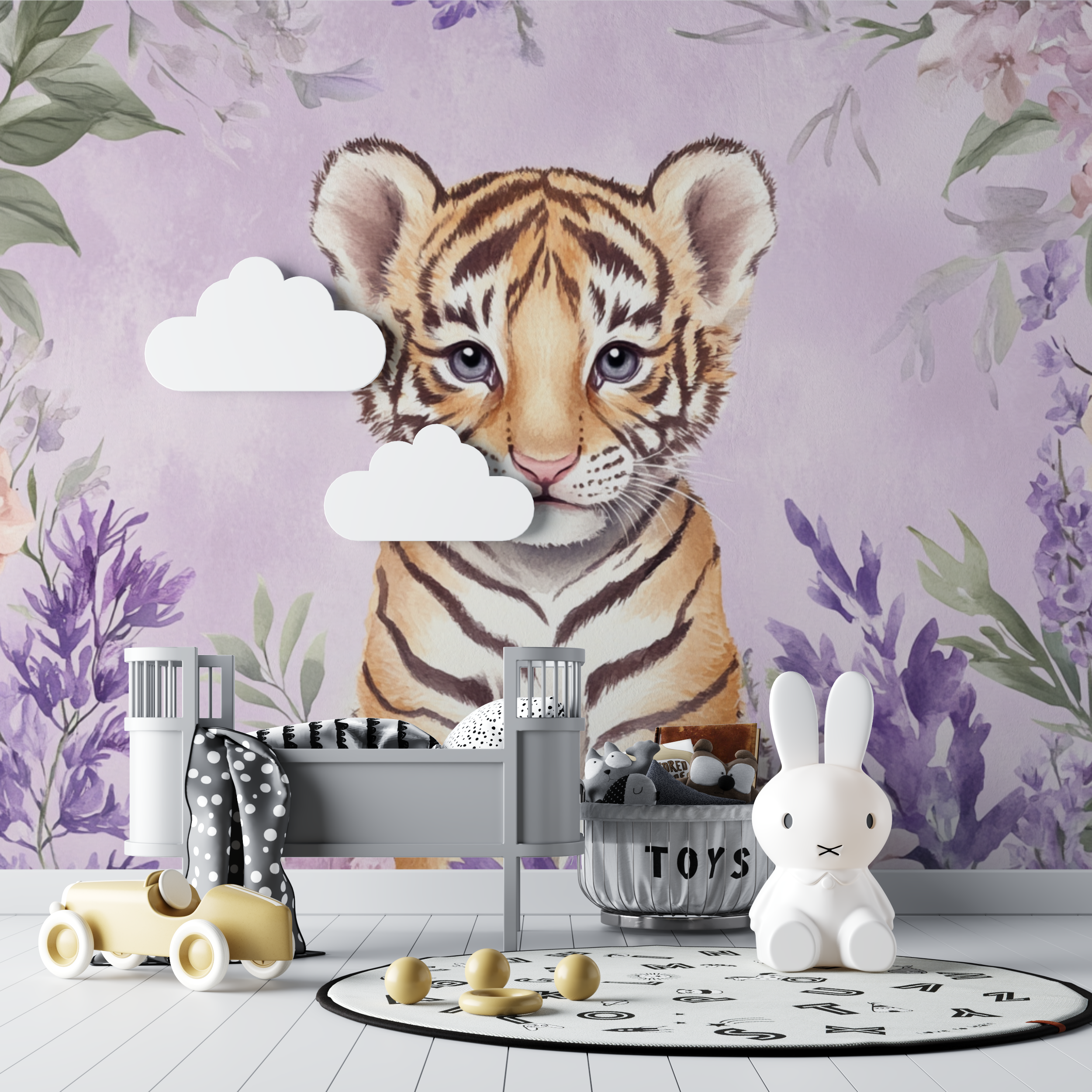 Papier peint tigre et fleurs delicates bebe tipi