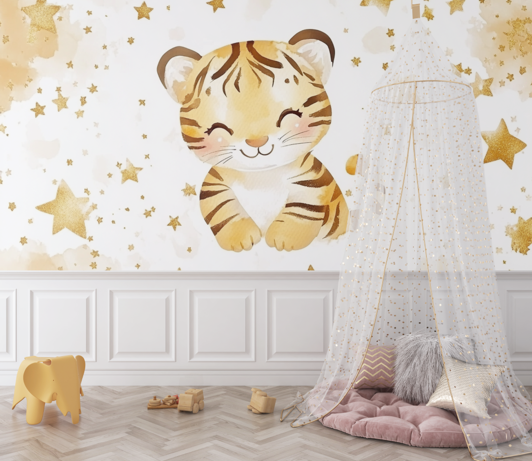 Papier peint tigre et etoiles dorees bebe