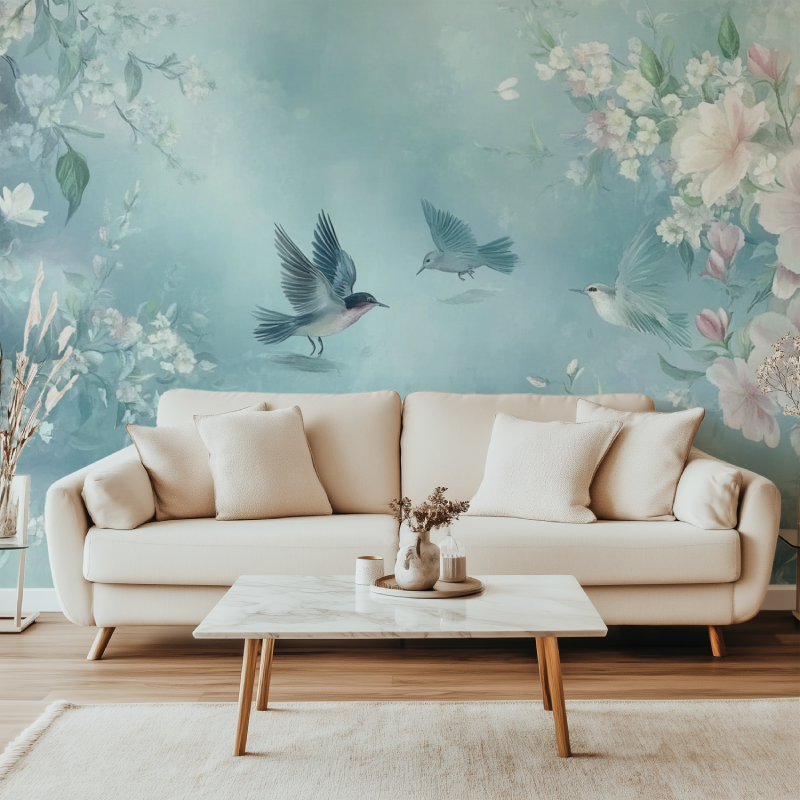Papier peint fleur et oiseau canape simple