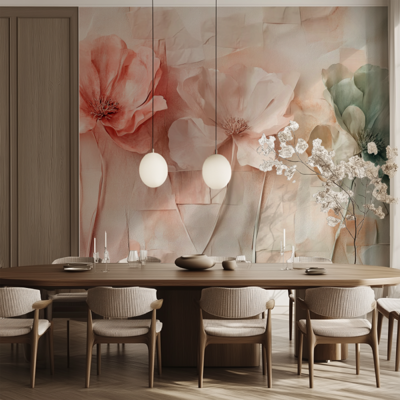 Papier peint grosse fleur vintage salle manger tendance