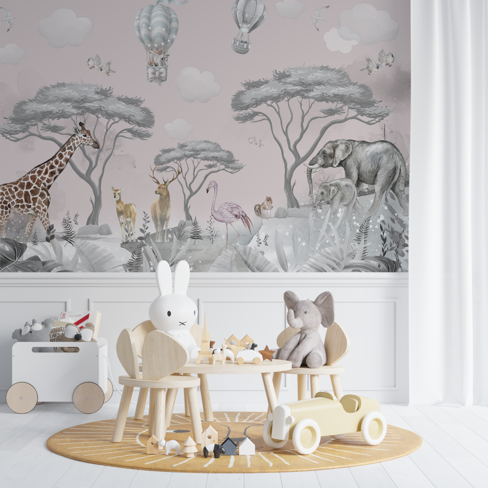 Papier peint lion savane rose chambre de bebe