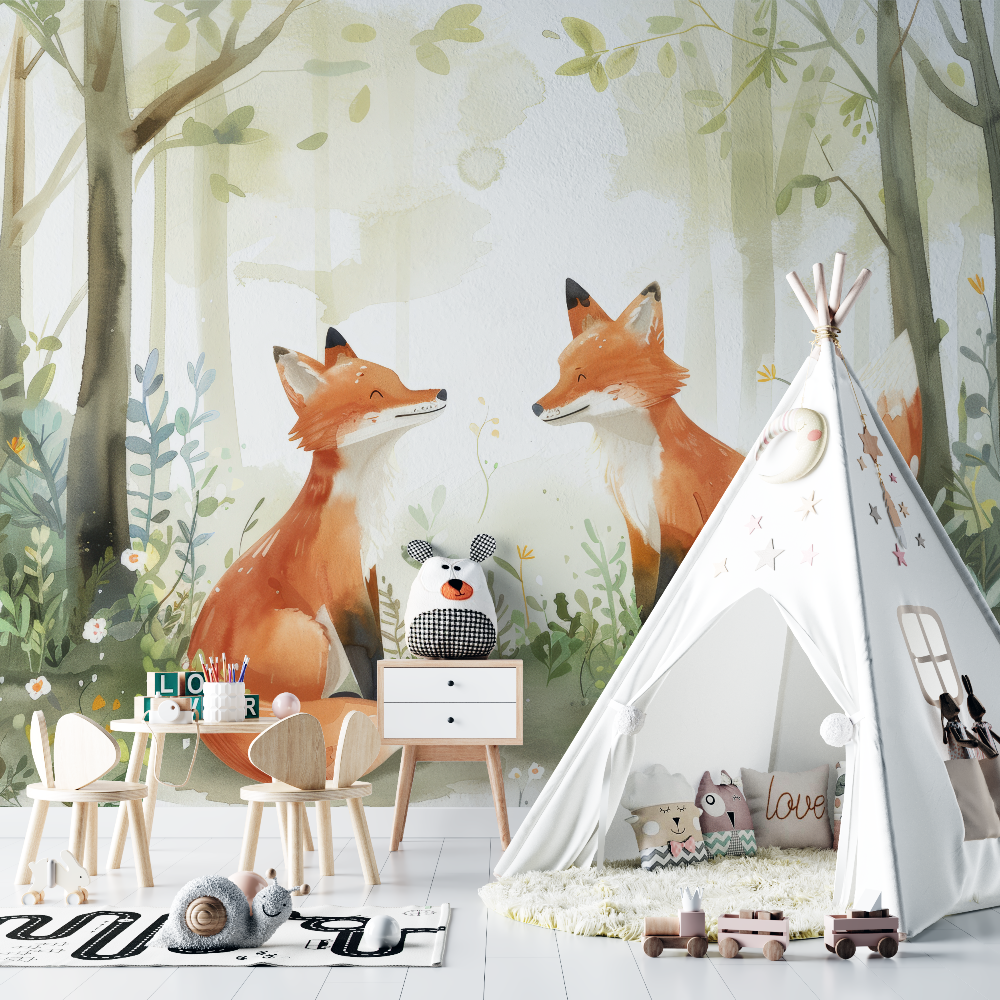 Papier peint renard foret vert chambre bebe