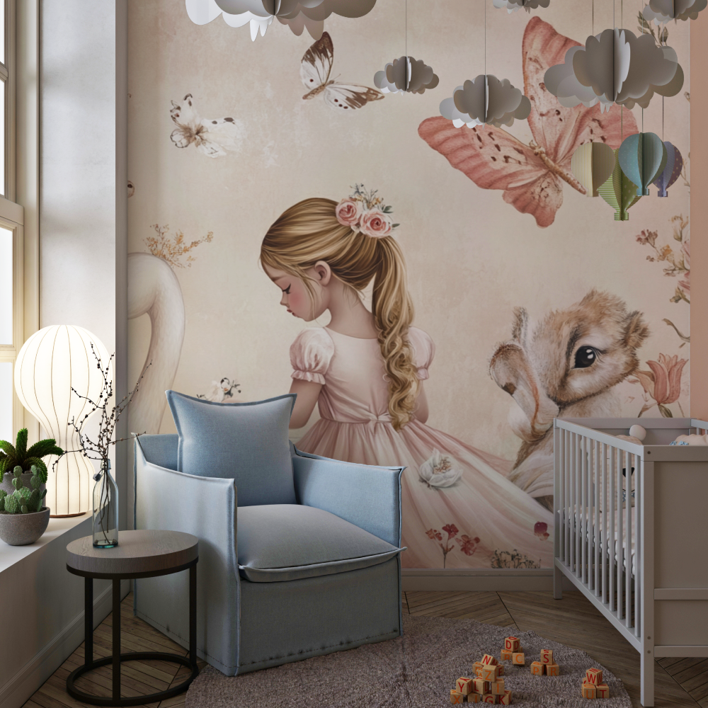 Papier peint princesse et ses amis chambre de fille