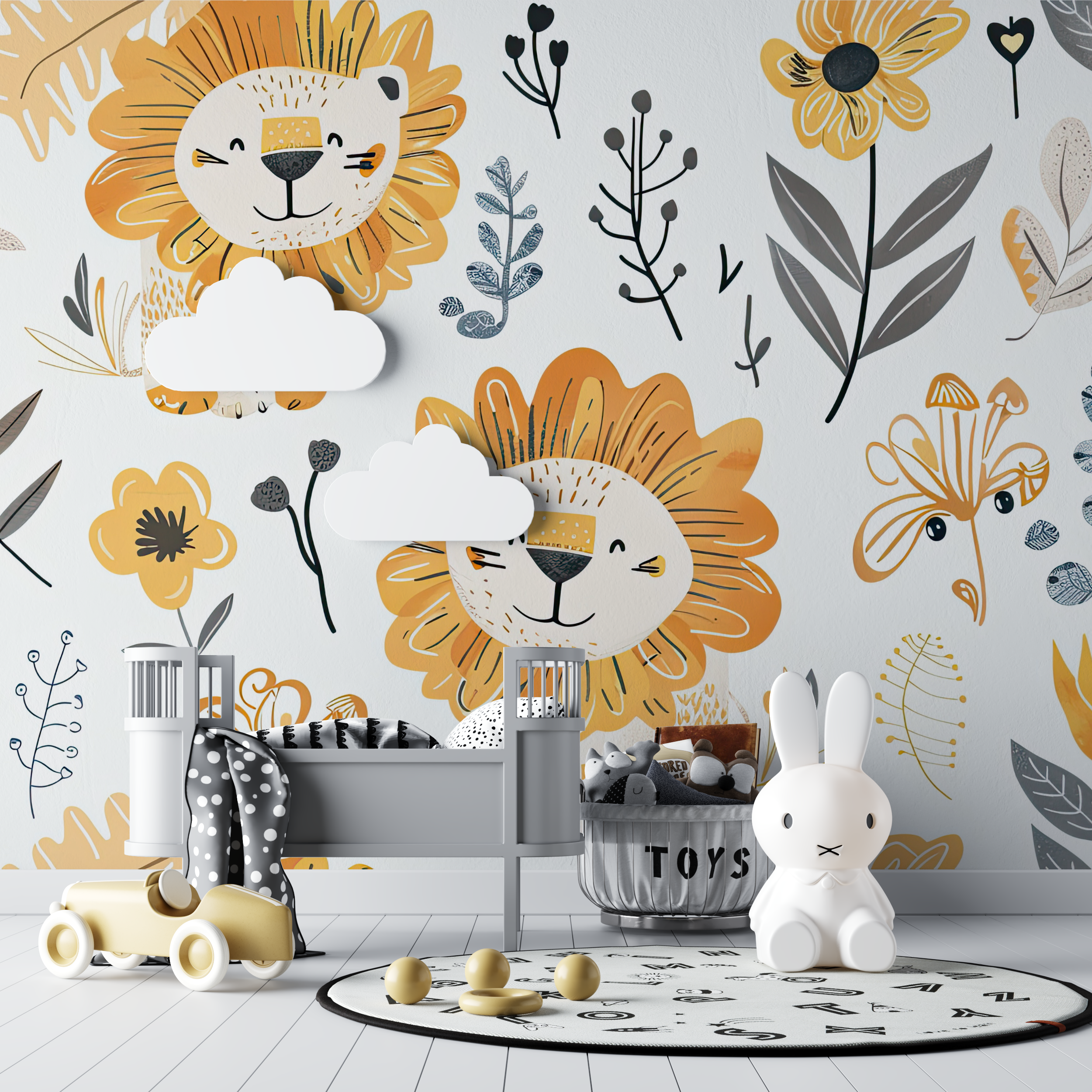 Papier peint lion et plumes bohemes bebe tipi