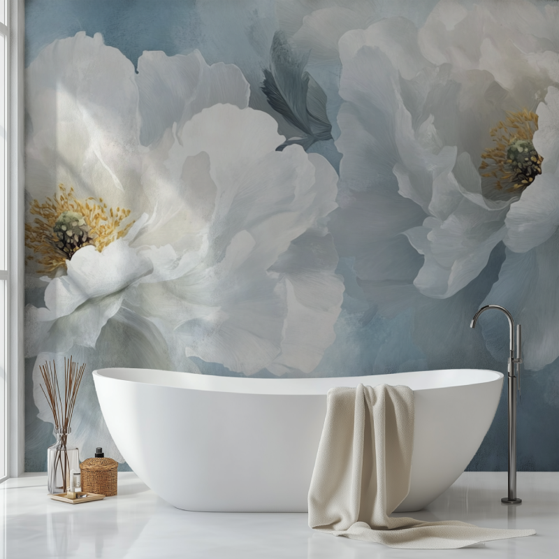 Papier peint fleur blanche sur fond bleu lavande sdb