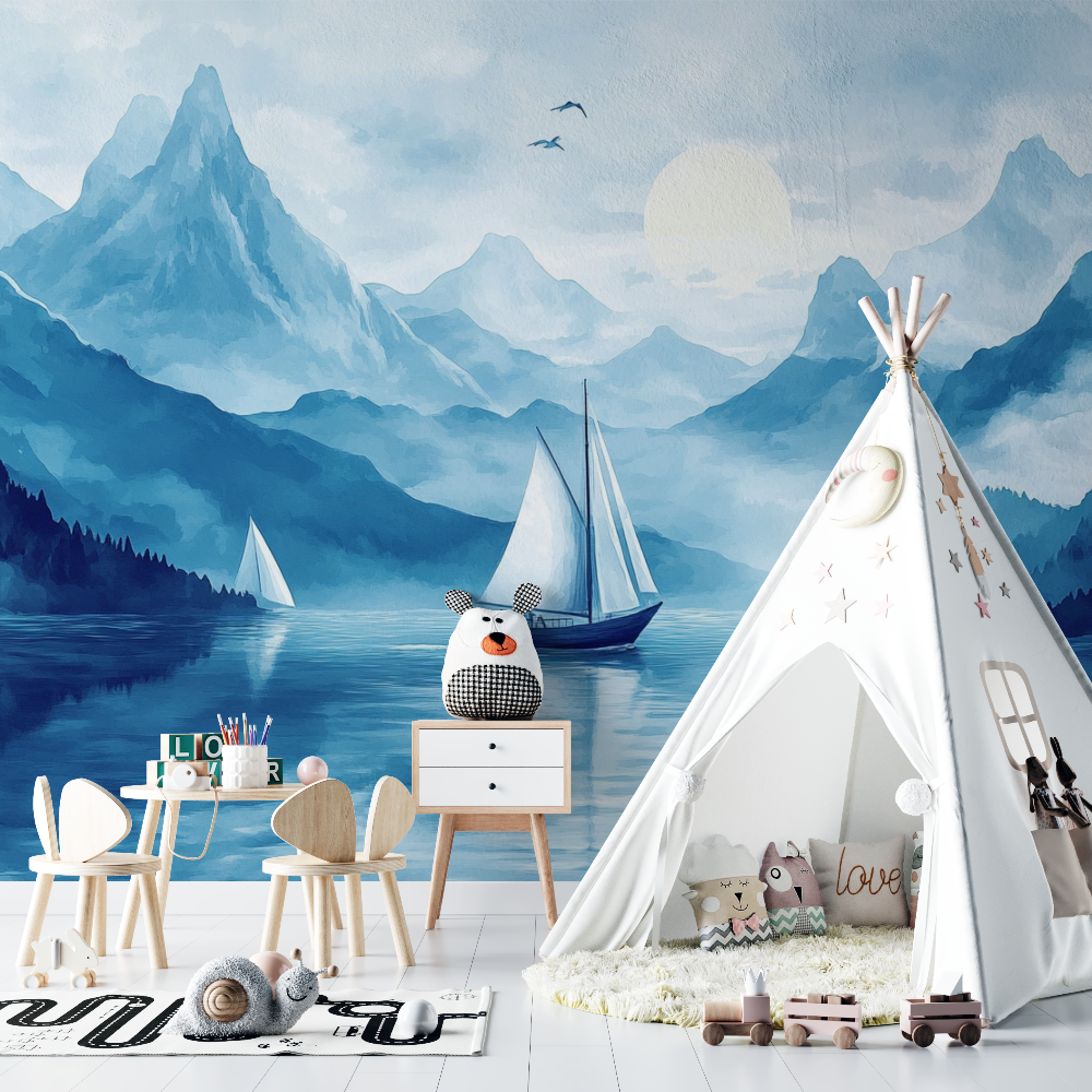 Papier peint marin voilier et montagne chambre bebe