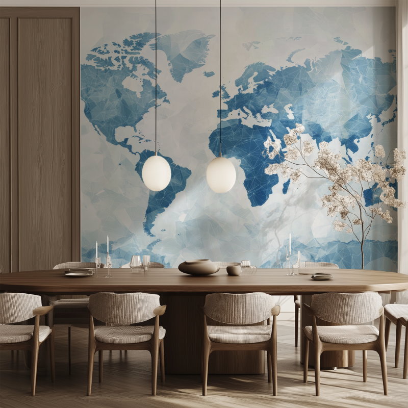 Papier peint carte du monde bleu salle manger tendance