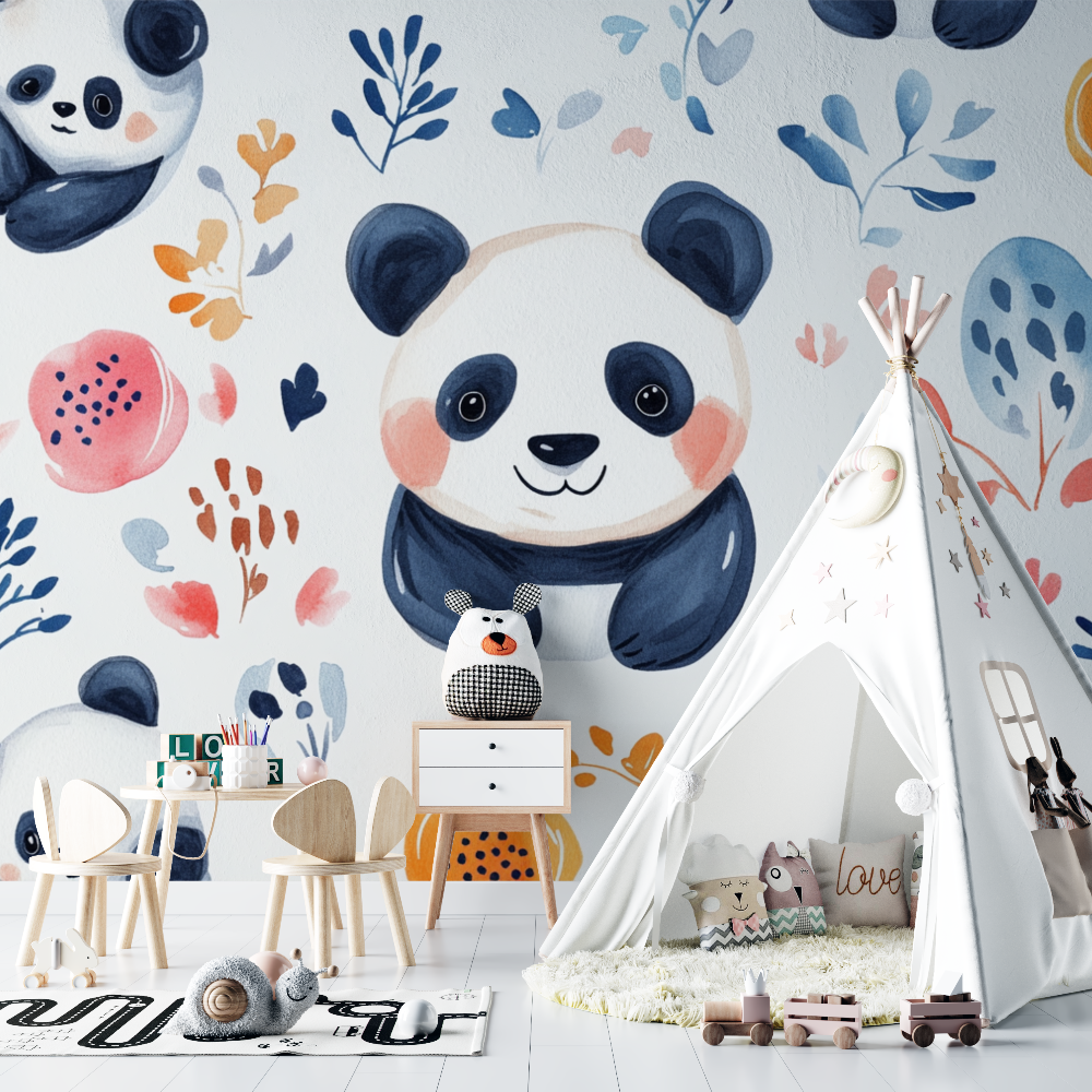 Papier peint panda et motifs ethniques chambre bebe