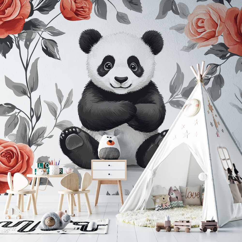 Papier peint panda floral chambre bebe