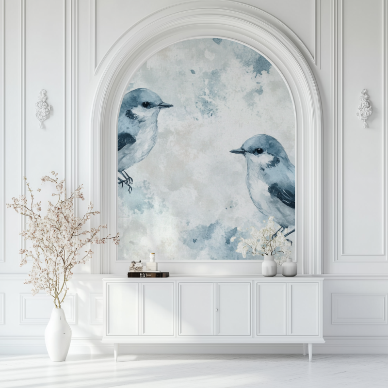 Papier peint vintage oiseaux salon blanc