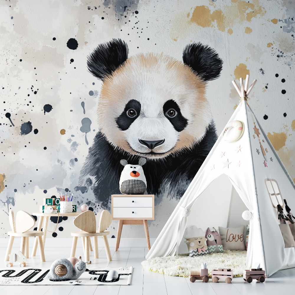 Papier peint panda et motifs abstraits chambre bebe