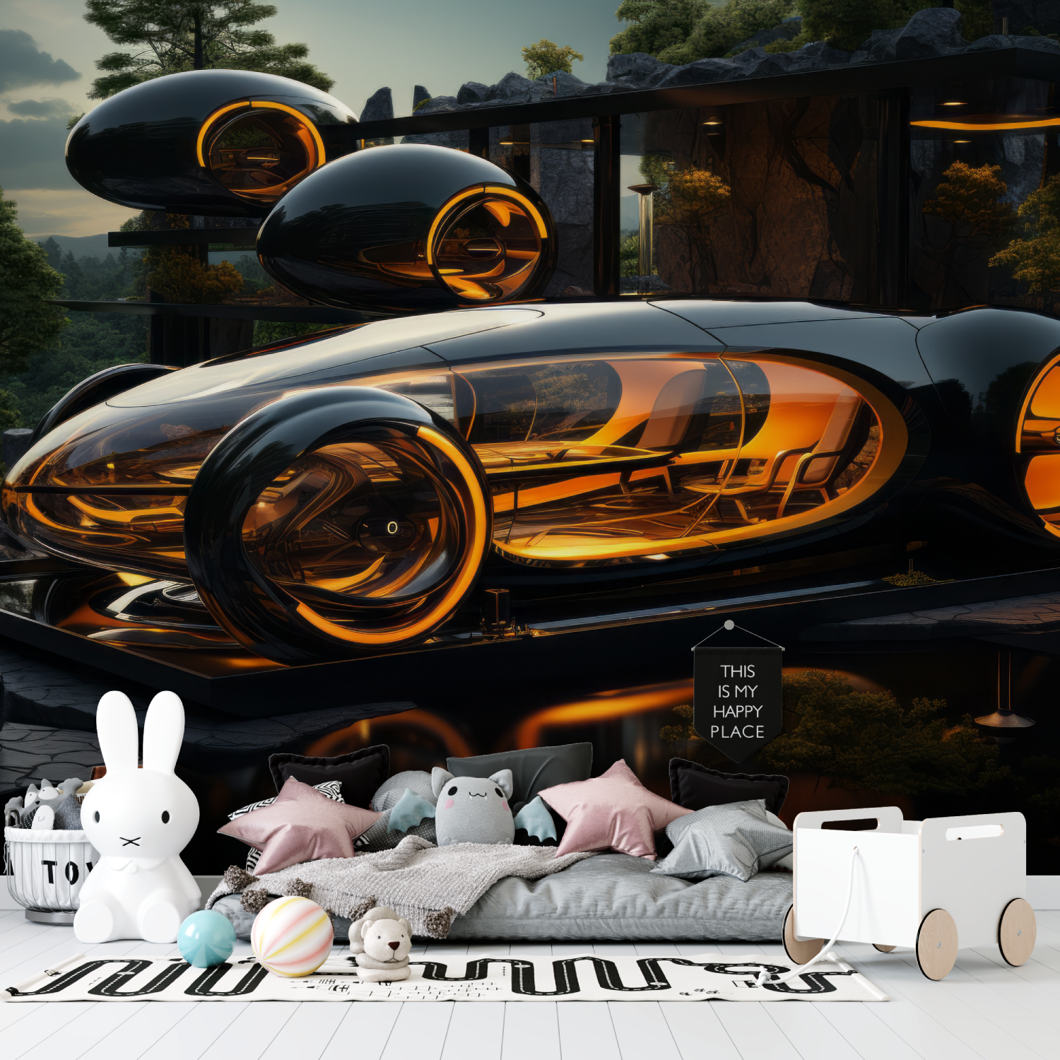 Papier peint 3d voiture maison tapisserie garcon