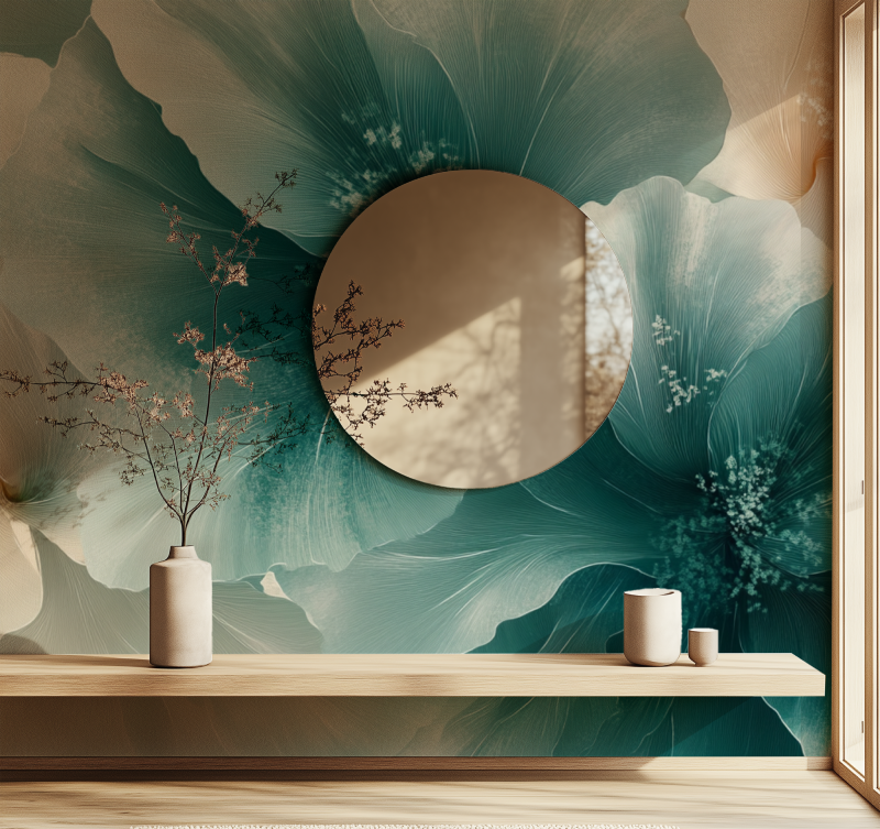 Papier peint fleur blanc grenat miroir