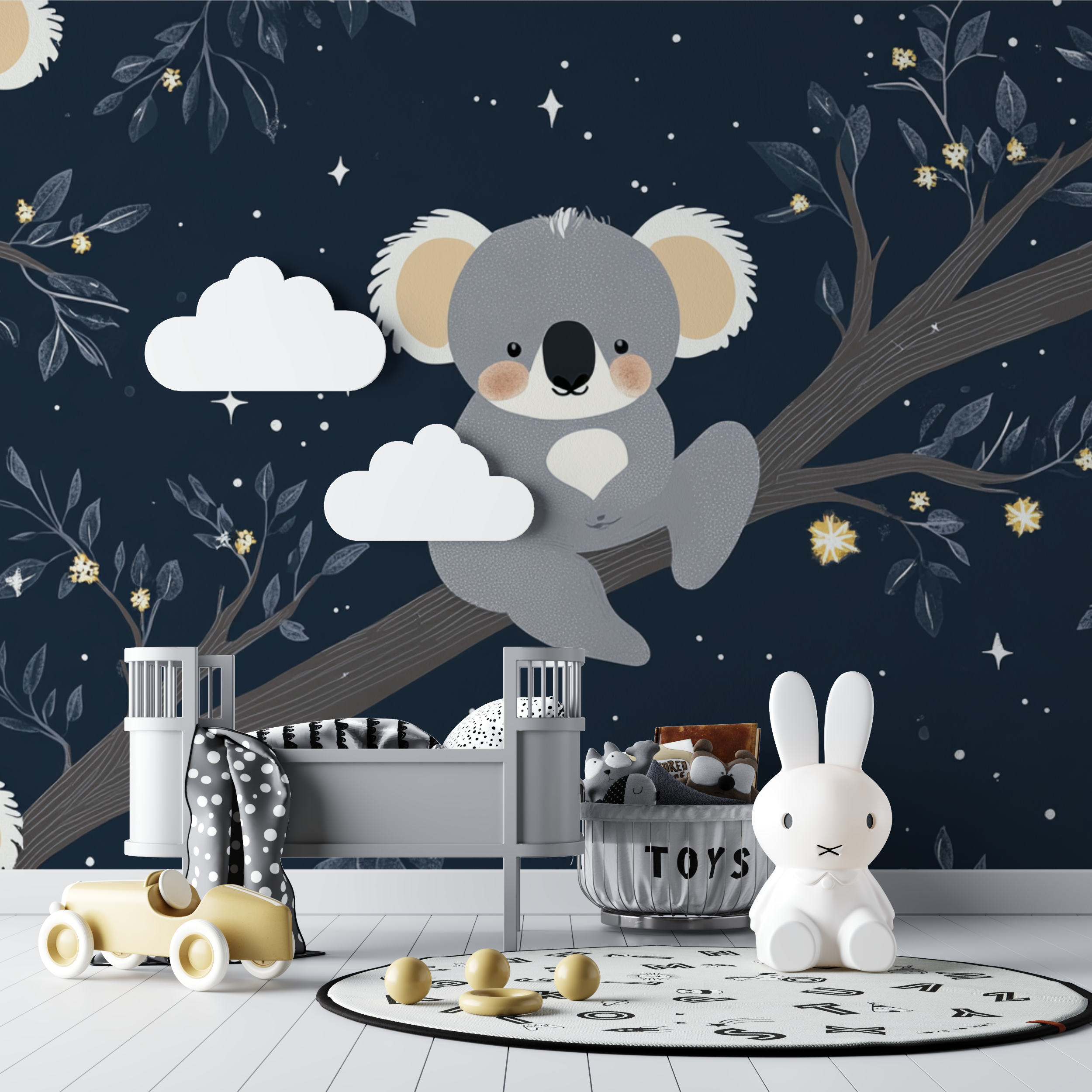 Papier peint koala et berceau detoiles bebe tipi