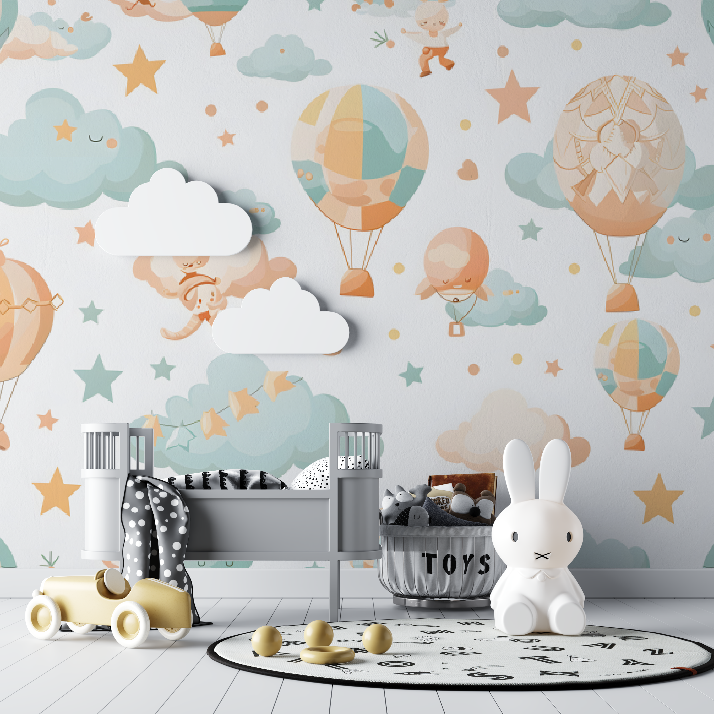 Papier peint bébé Montgolfières et nuages - chambre de bebe