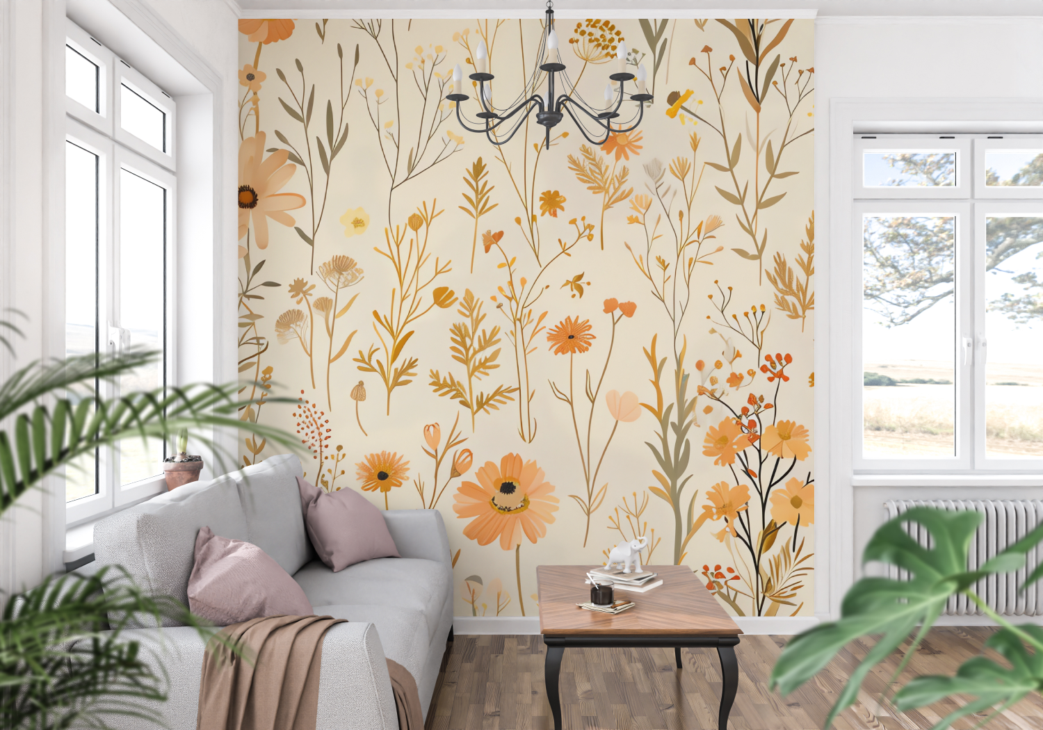 Papier Peint Orange Motif Fleuri - panoramique-mur