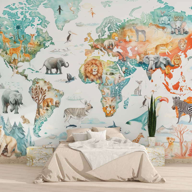 Papier peint carte du monde animaux 1815