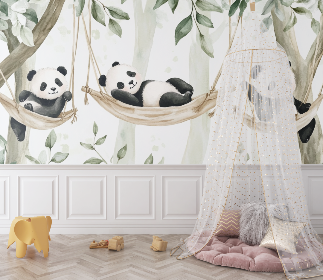Papier peint bebe panda et hamac bebe