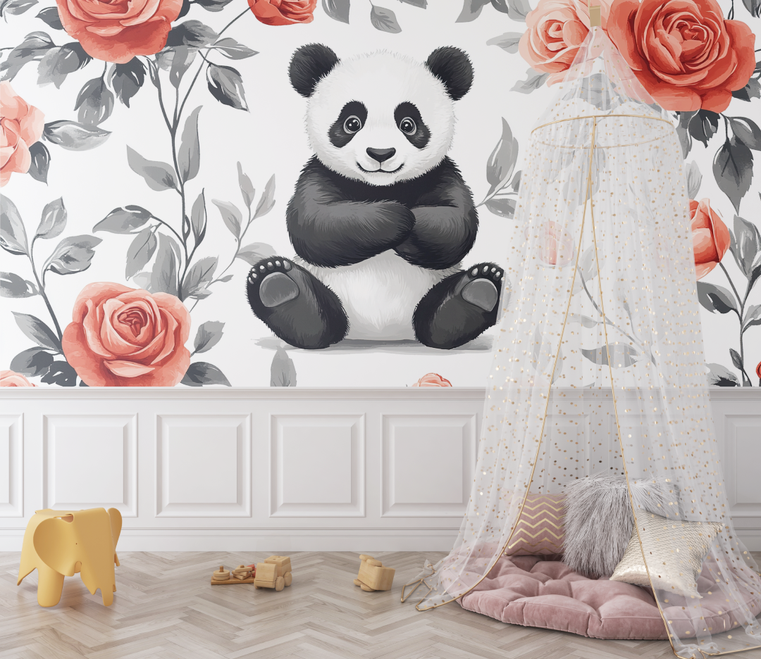 Papier peint panda floral bebe