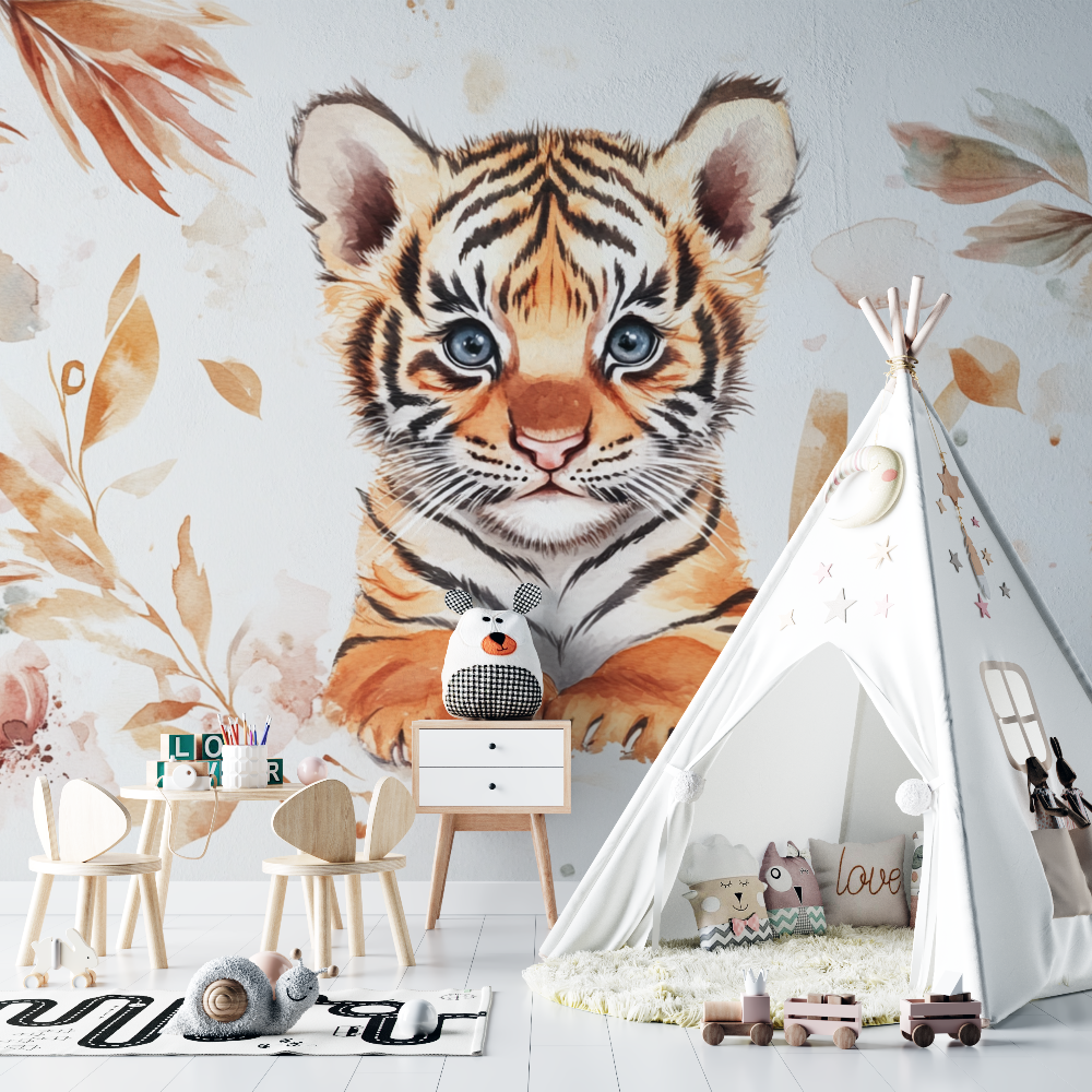 Papier peint tigre et plumes bohemes chambre bebe