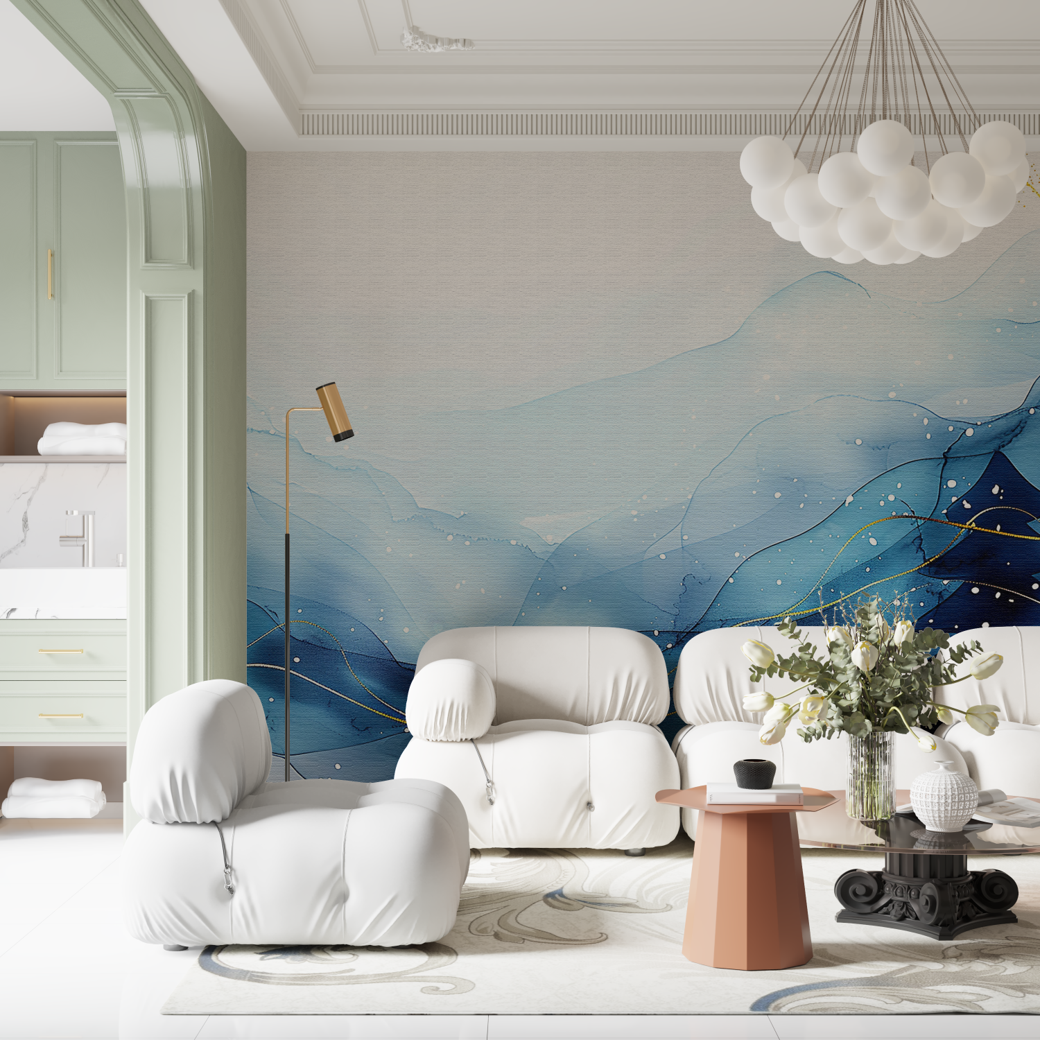 Papier peint aquarelle bleu doree contemporain